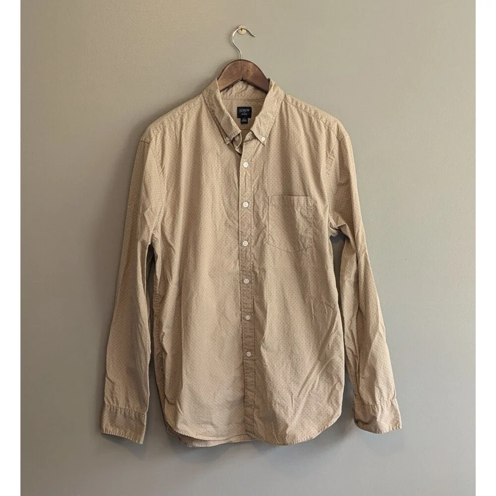 J. Crew Flex Mens Large L Tan Polka Dot Button Down Shirt Long Sleeve Stretch